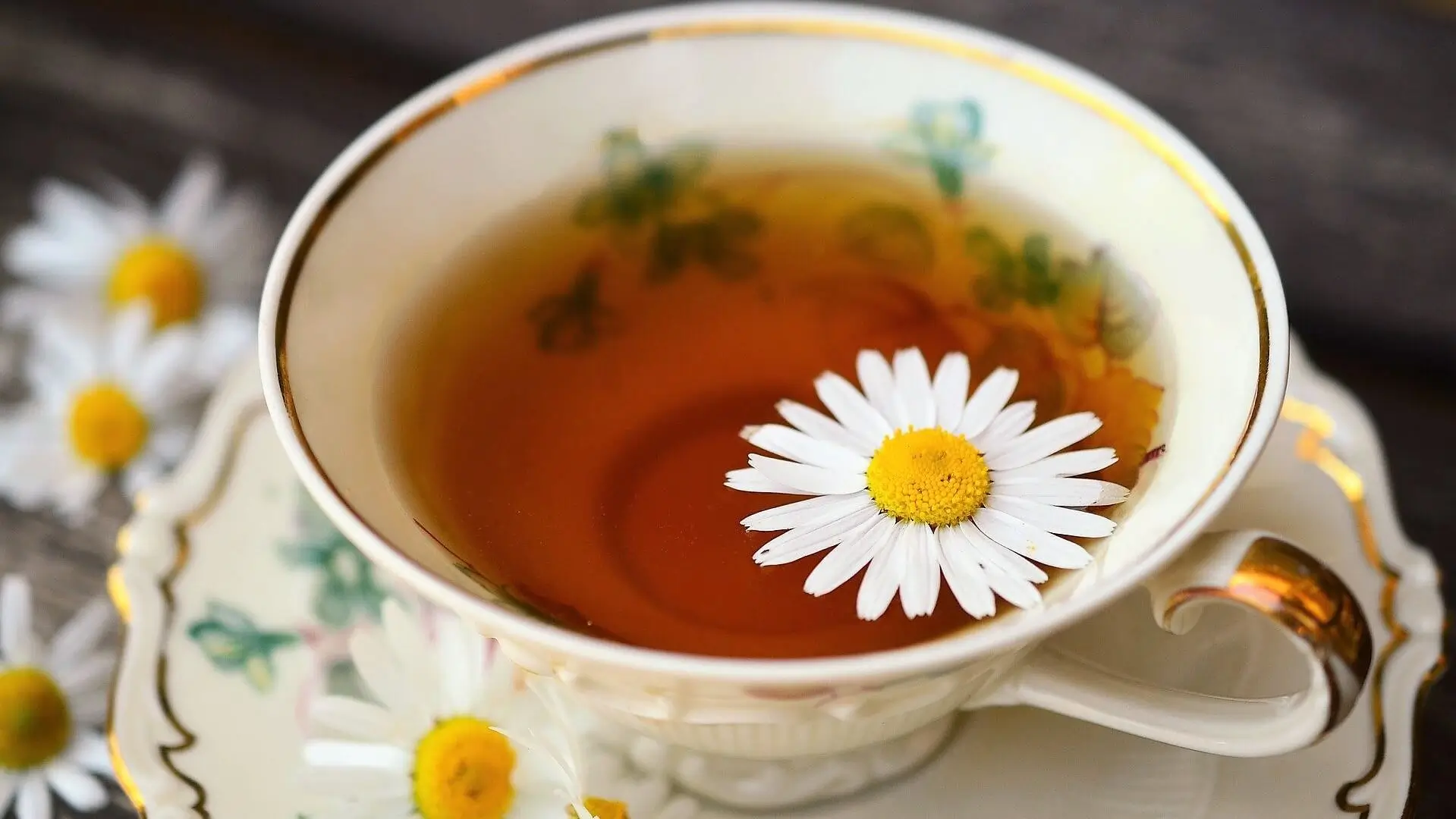 Chamomile tea cup with gold edge