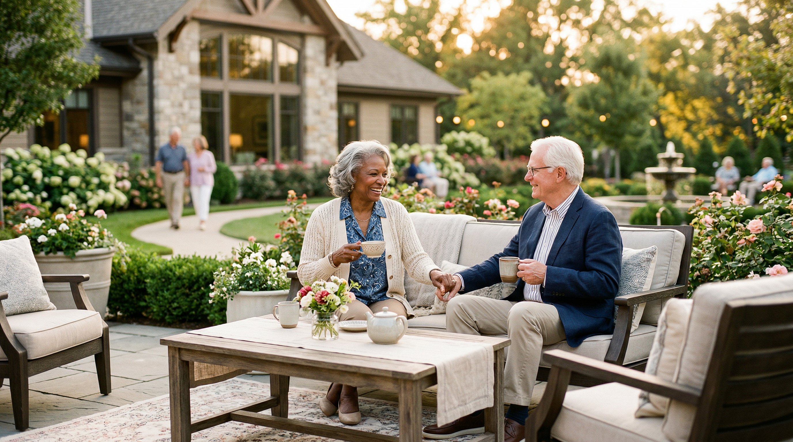 A serene, upscale independent senior living community setting featuring a confident, well-dressed older adult couple (ages 70–80) enjoying a relaxed moment together on a sunlit patio. The environment feels like a luxury resort with soft natural lighting, elegant outdoor furniture, manicured landscaping, and subtle architectural details. The couple appears calm, content, and at ease—smiling gently, holding coffee or tea, with a sense of peace and freedom.