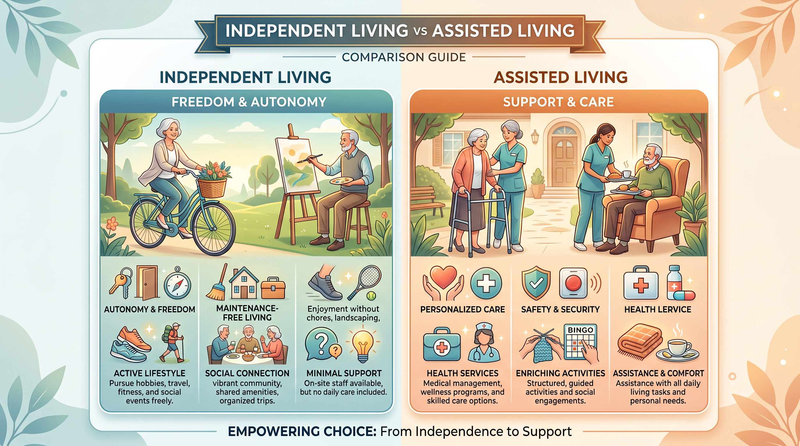 Comparison of independent living and assisted living environments showing different levels of lifestyle and support for older adults
