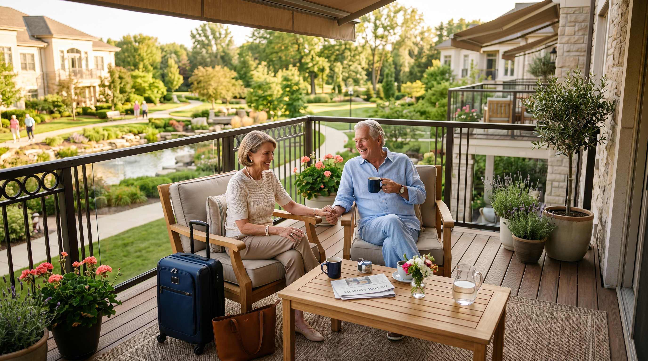 Older adults enjoying a flexible, maintenance-free retirement lifestyle in an independent living community