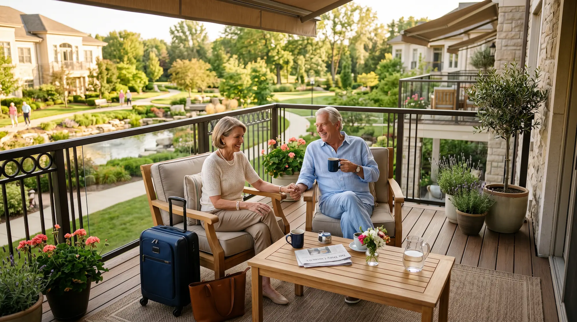 Older adults enjoying a flexible, maintenance-free retirement lifestyle in an independent living community