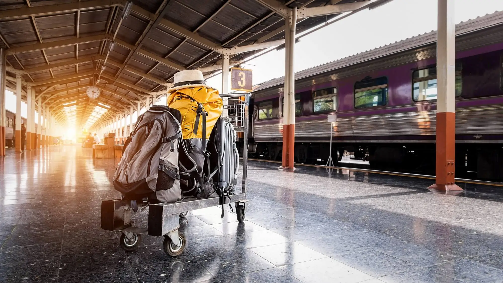 Several Bags on Trolley Near Train in Station