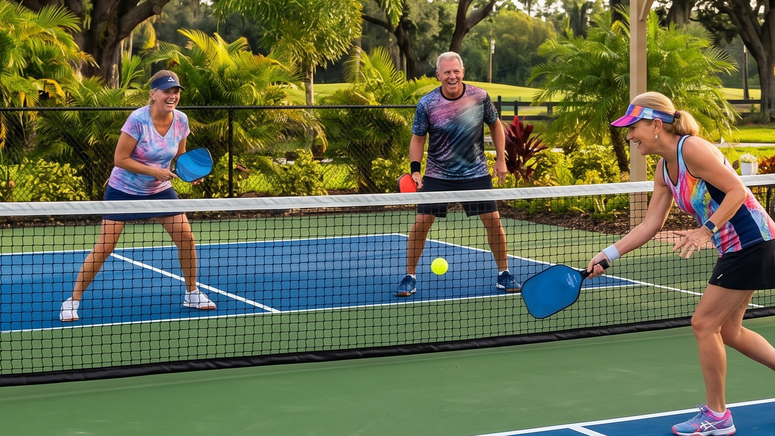 Residents playing pickleball at Trailwinds Retirement Community in Florida while enjoying an active independent living lifestyle.