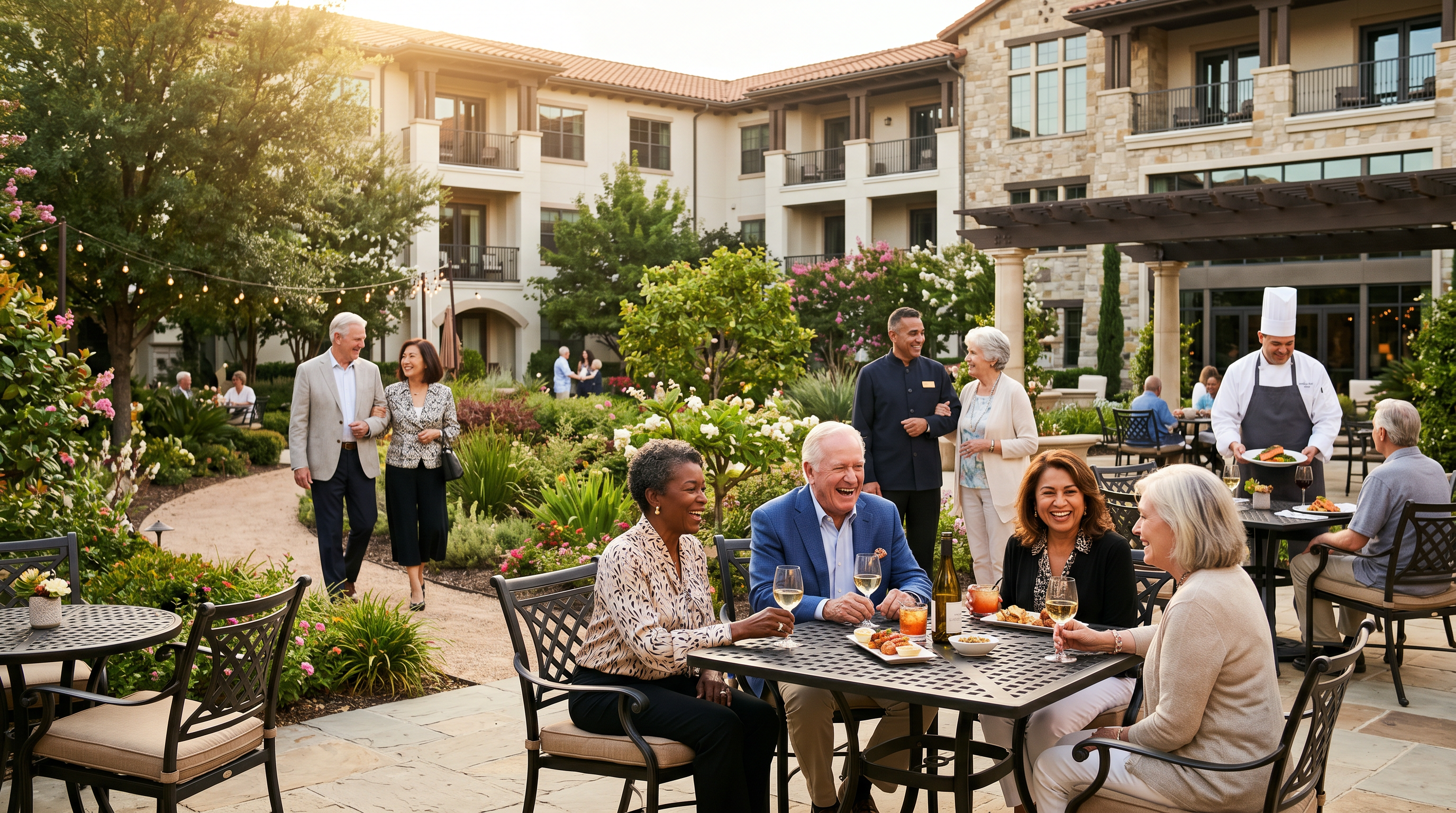 Active seniors enjoying a resort-style independent living community, socializing outdoors in a beautifully landscaped courtyard with a warm, welcoming atmosphere.
