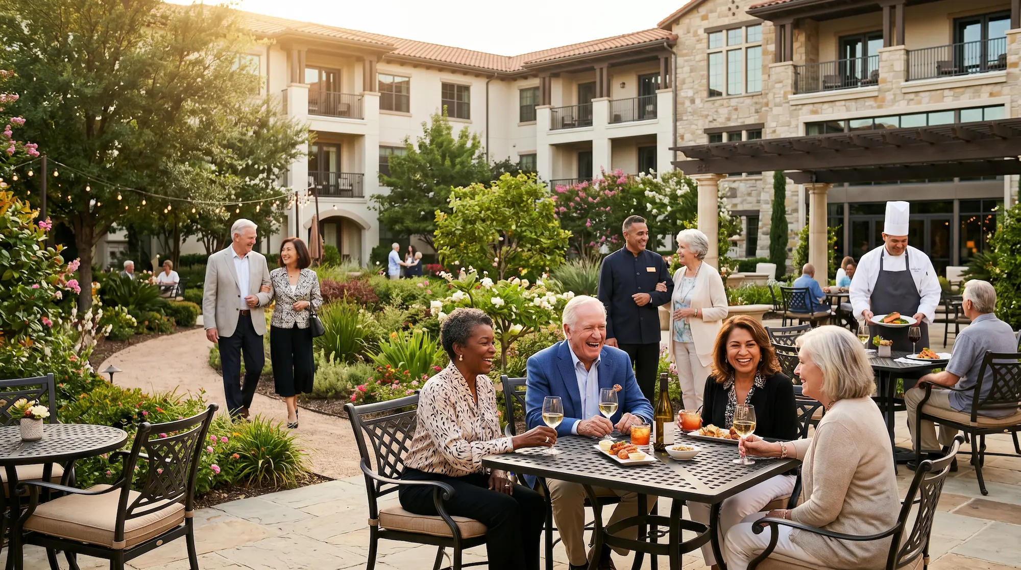 Active seniors enjoying a resort-style independent living community, socializing outdoors in a beautifully landscaped courtyard with a warm, welcoming atmosphere.