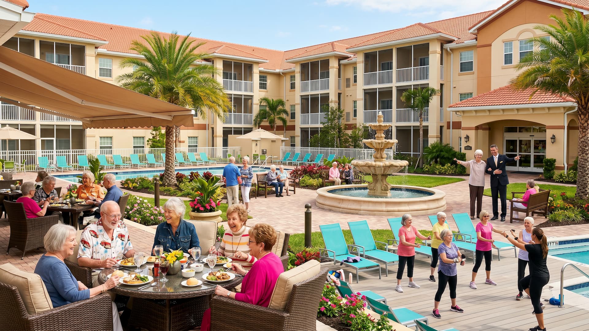 Older adults enjoying resort-style retirement living with dining, wellness activities, and social connection in an independent living community