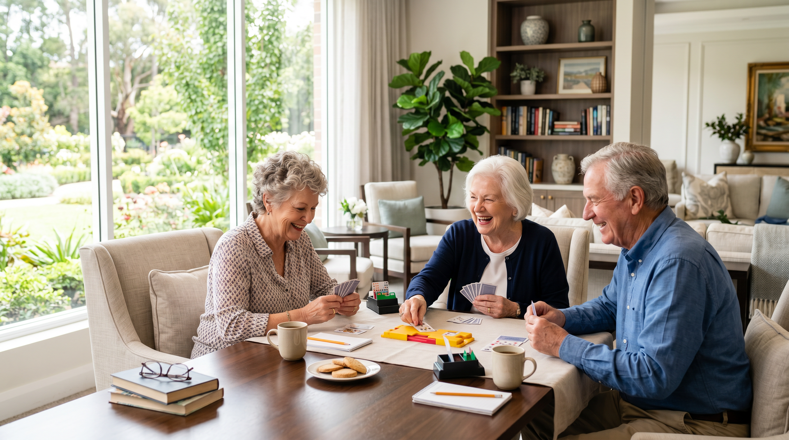 Active seniors connecting in a retirement living community that encourages brain health through social engagement