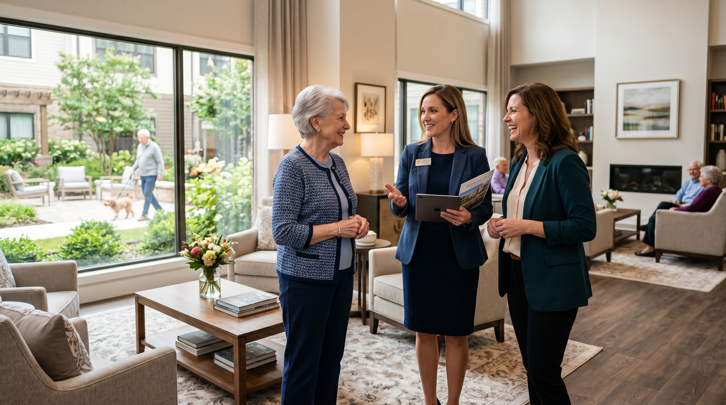 Older adult touring an independent living retirement community with family member and staff, representing trust and confidence in senior living decisions