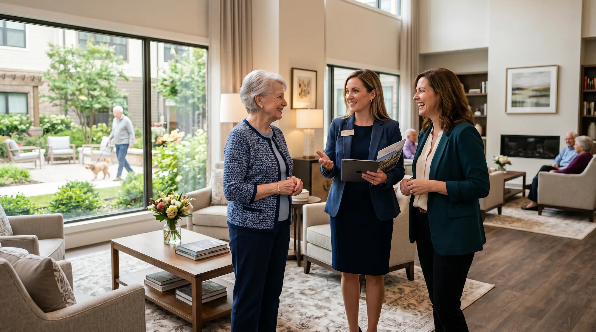 Older adult touring an independent living retirement community with family member and staff, representing trust and confidence in senior living decisions