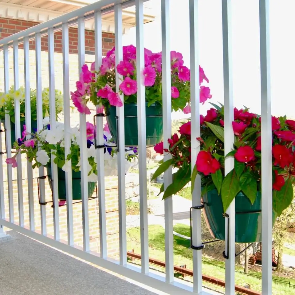 Beautiful spring flowers displayed from deck at South Hills Square Retirement Community