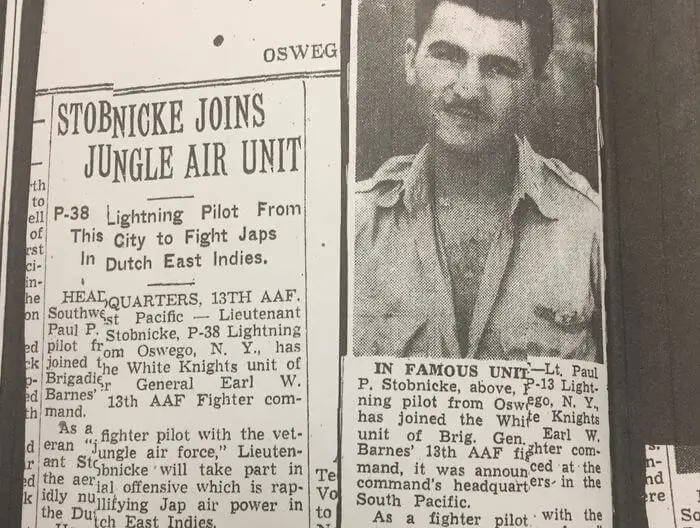 A story and photo from the Oswego Palladium-Times in 1945 chronicles Paul Stobnicke's exploits in World War II. Stobnicke was from Oswego and now lives in Fayetteville.