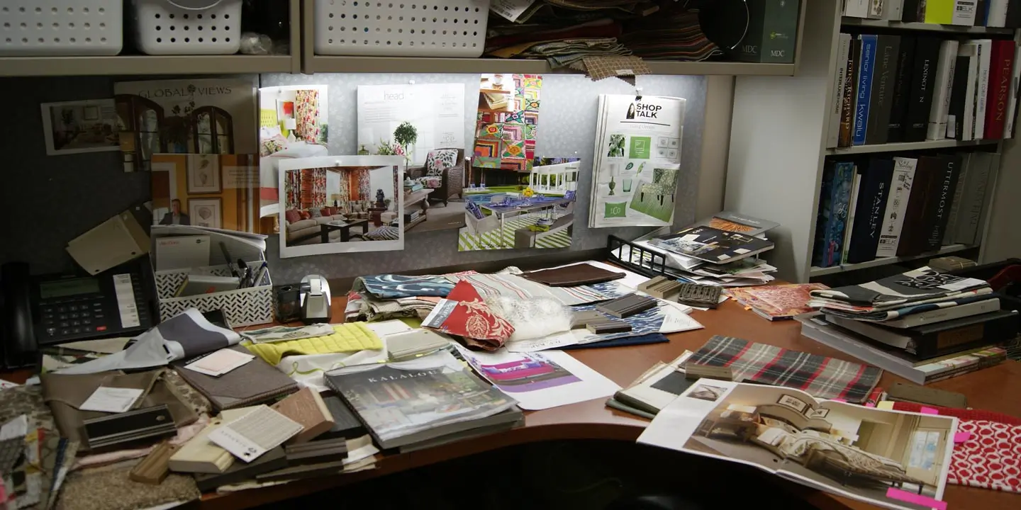 Messy office desk display