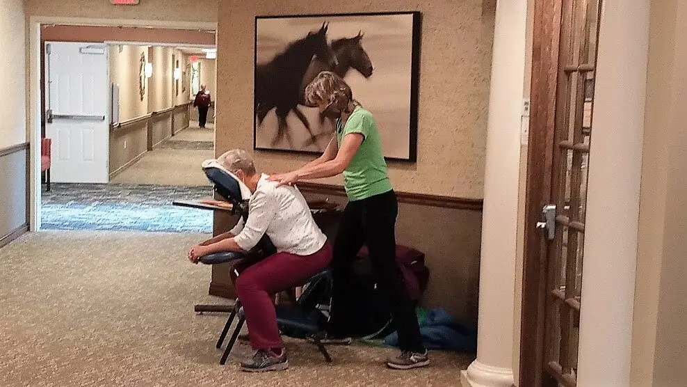 Our residents at Aspen Trail (Colorado Springs, CO) enjoyed the community’s first-annual health and wellness fair in early April. Vendor booths lined Main Street and gave our seniors an opportunity to visit with local wellness providers to discover products and services that support healthy minds, bodies, and spirits. A favorite stop was the massage station where residents relaxed for sitting massages—an excellent way to reduce tension and improve mental health.