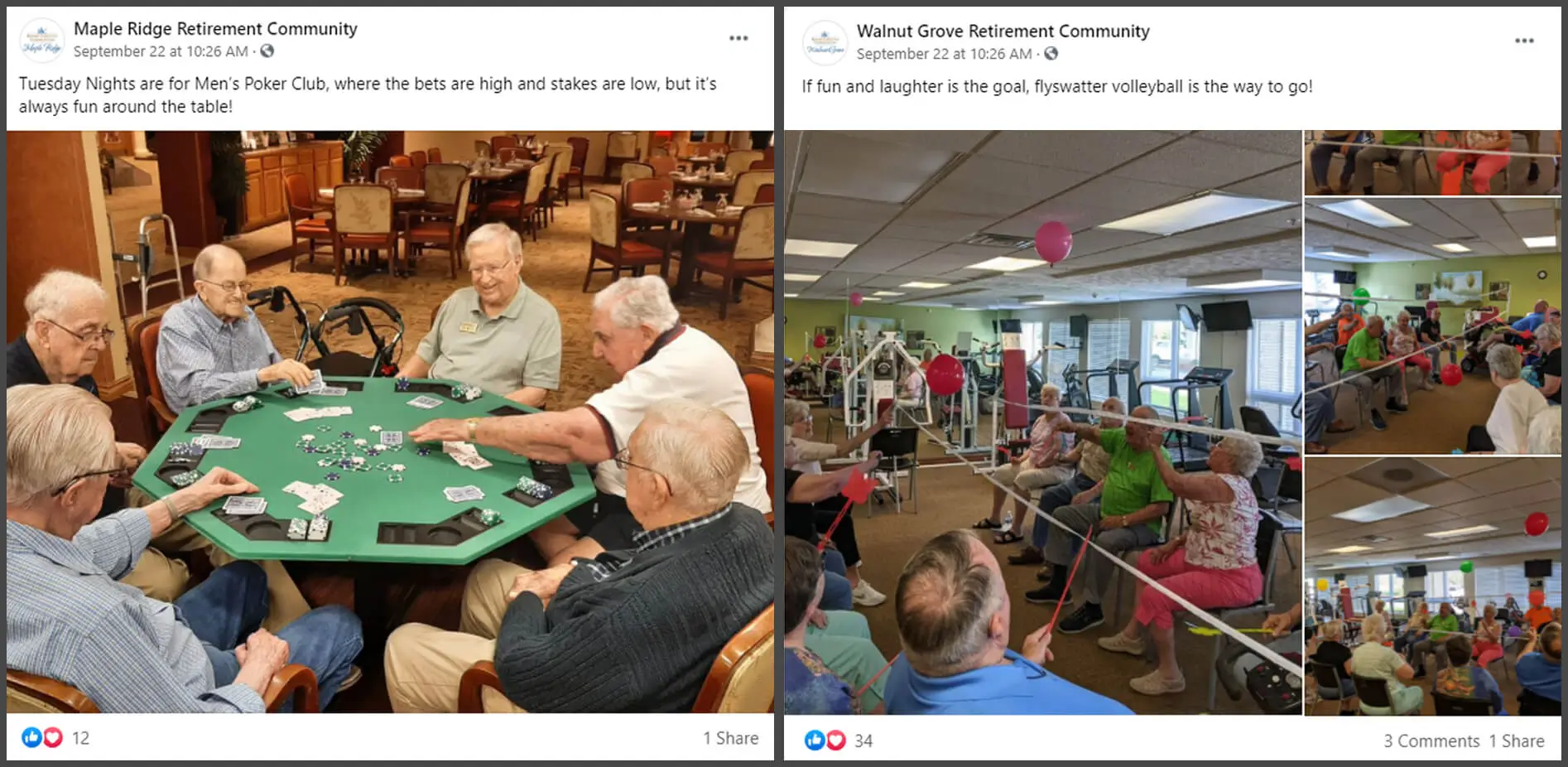 featured Facebook posts from Maple Ridge and Walnut Grove Retirement Communities