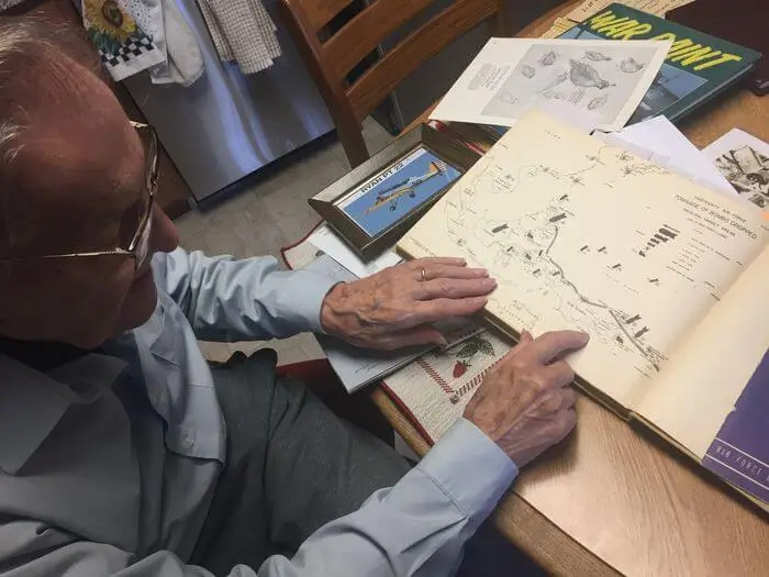 Dr. Paul Stobnicke, 96, traces the path of American forces in the South Pacific in a book about World War II. He was a fighter pilot in th U.S. Army Air Corps and now lives at Towne Center Retirement Community in Fayetteville.