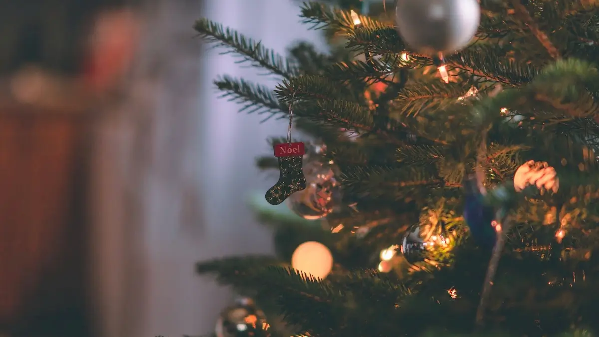 Noel Christmas Stocking ornament adorning vintage christmas tree