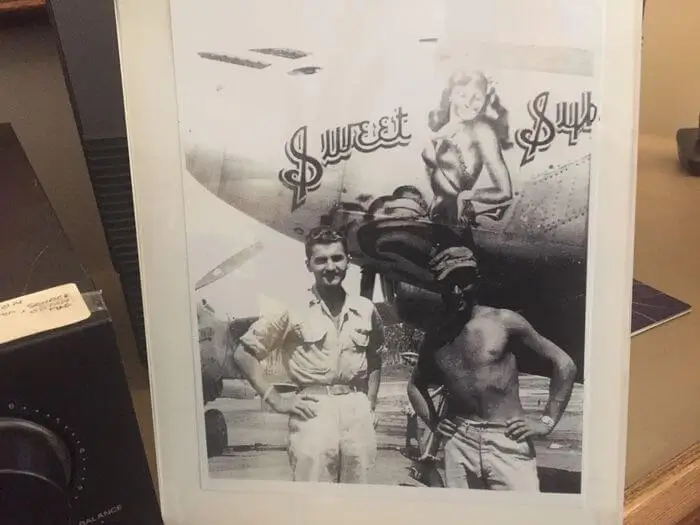Paul Stobnicke, left, with the gunnery sergeant who painted the "Sweet Sybil" image on his P-38 fighter plane during World War II. Stobnicke lives at Towne Center Retirement Community in Fayetteville.