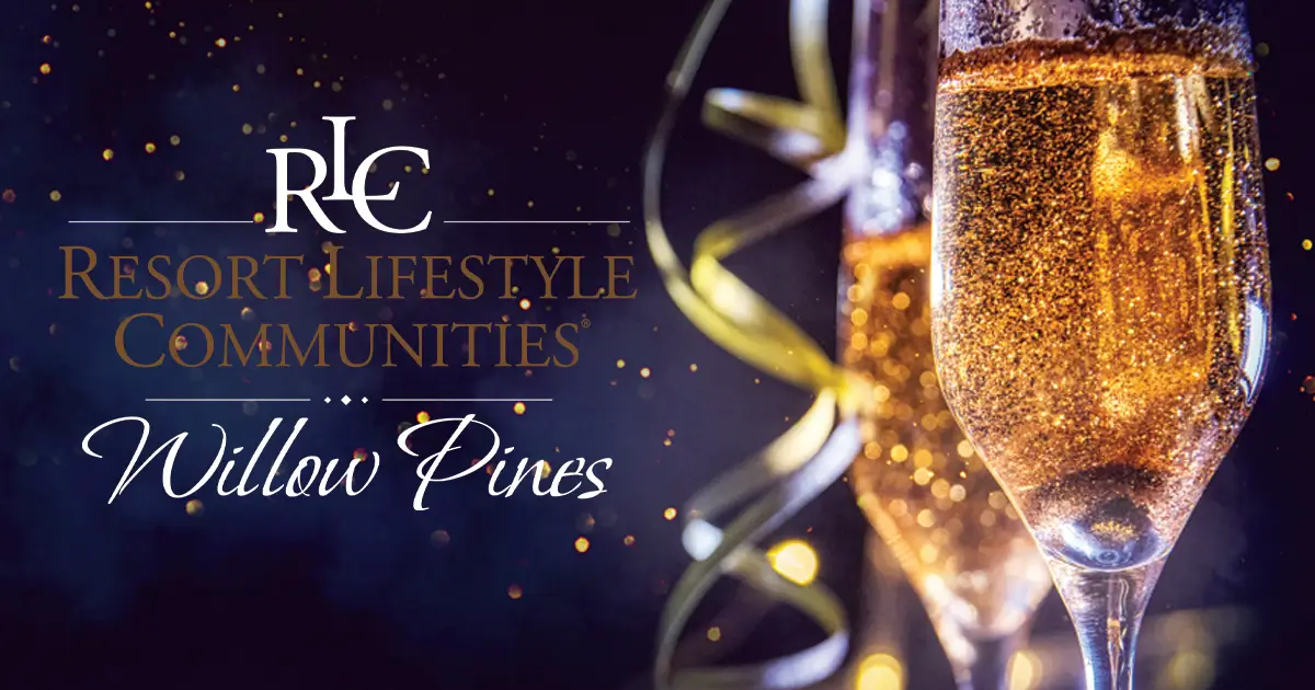 Image of golden champagne flutes with Willow Pines Retirement Community logo
